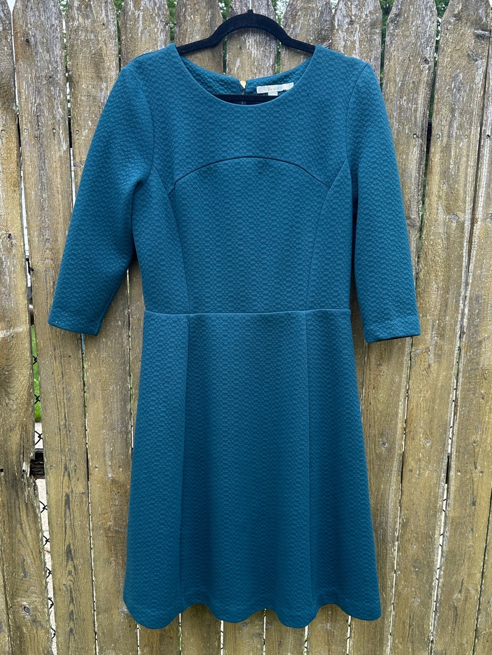 Boden Teal Textured Jacquard Fit & Flare Dress 3/4 Sleeve 10R
